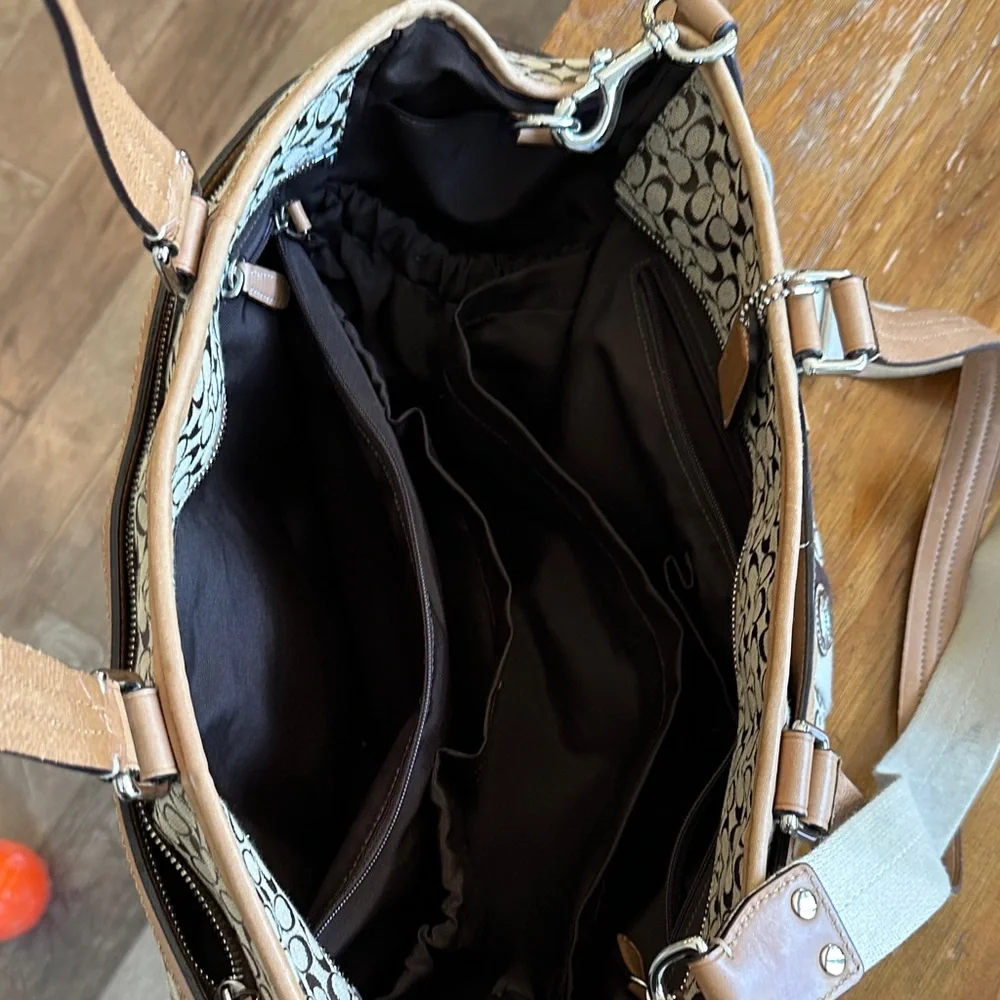 Coach Tan and Brown Signature Baby Bag